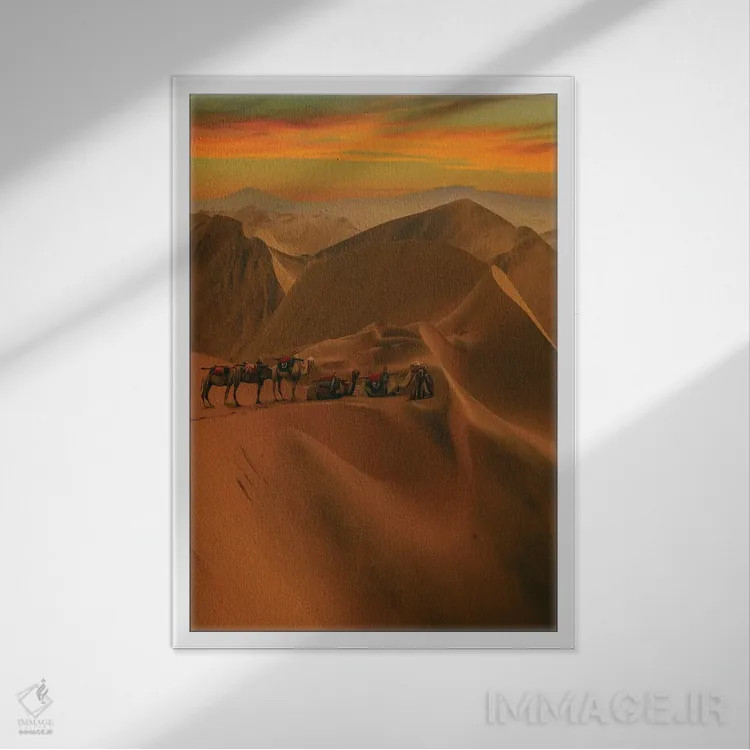 تابلو دکوراتیو کاروان در بیابان اثر ایوجنیا بیدیوک - نمای قابدار سفید