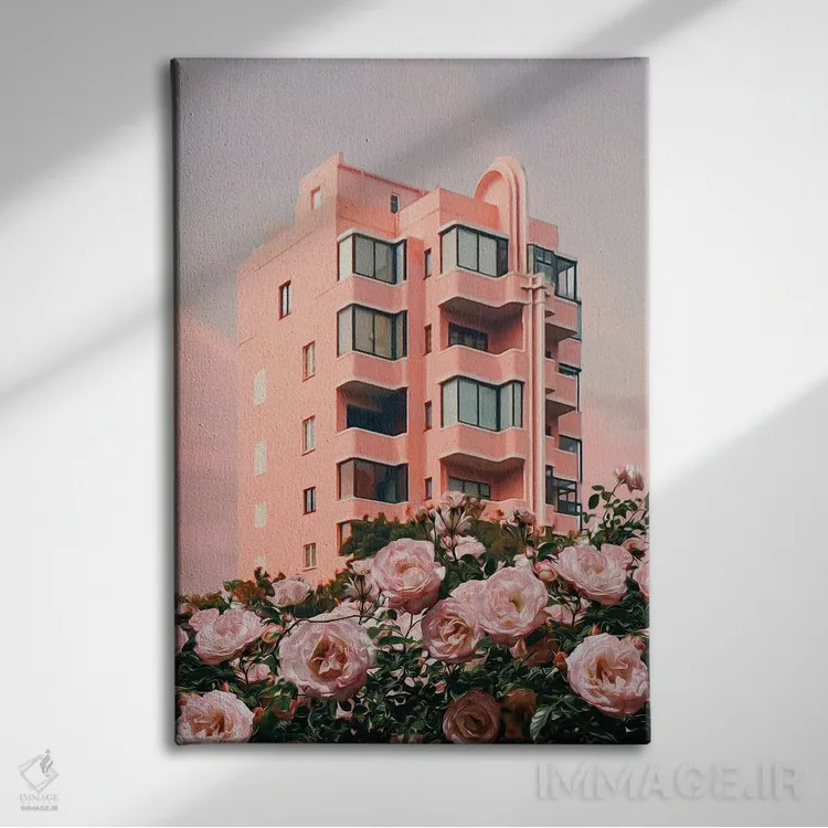تابلو دکوراتیو بوته ای از رزهای صورتی در پس زمینه خانه ای صورتی اثر ایوجنیا بیدیوک - نمای روبهرو روی دیوار