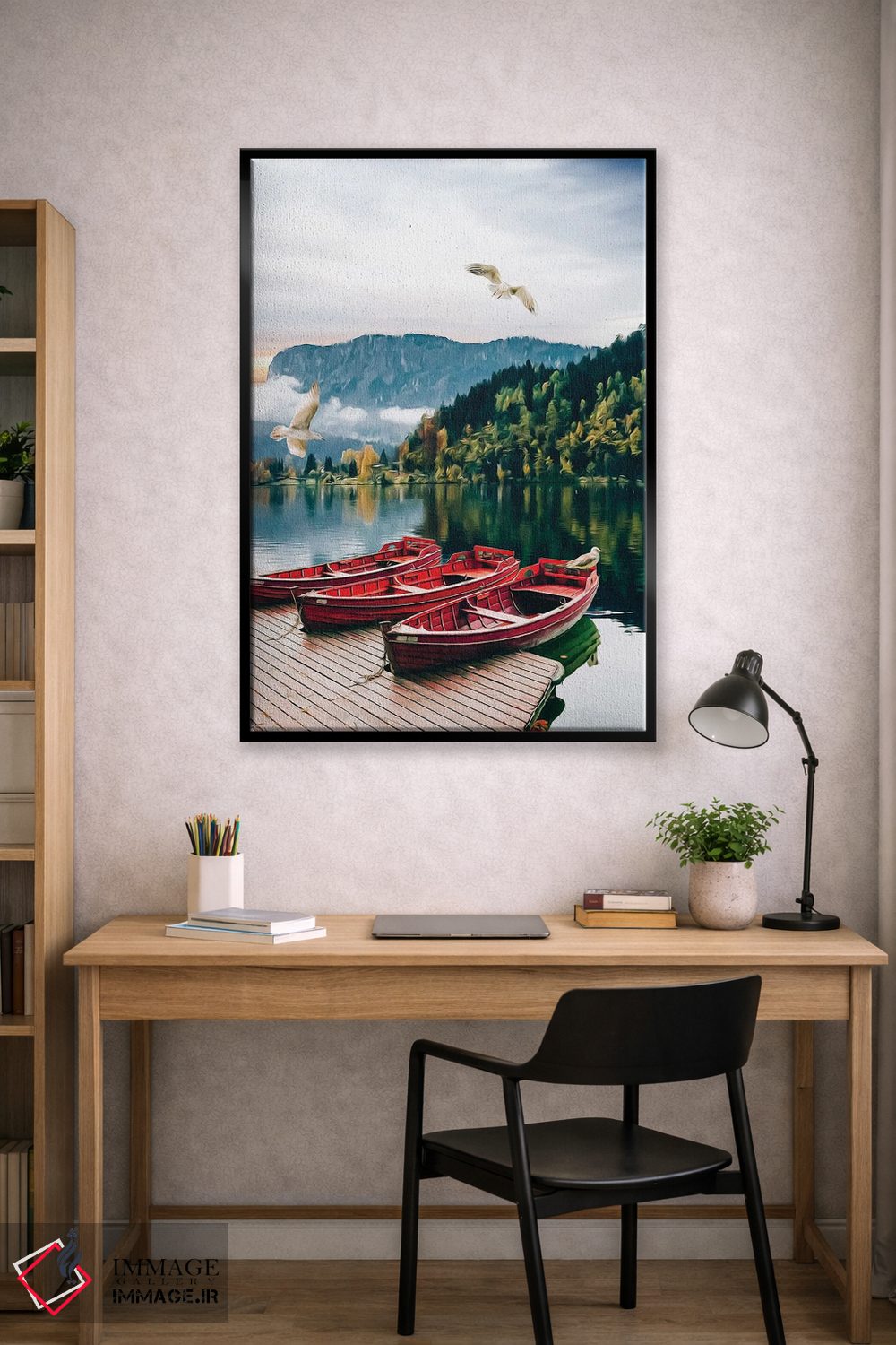 تابلو دکوراتیو قایق چوبی در اسکله با پس زمینه دریاچه بکر اثر ایوجنیا بیدیوک - D1B