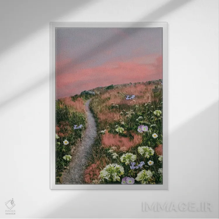 تابلو دکوراتیو ابرهای صورتی در میان علف های چمنزار کوهستانی اثر ایوجنیا بیدیوک - نمای قابدار سفید