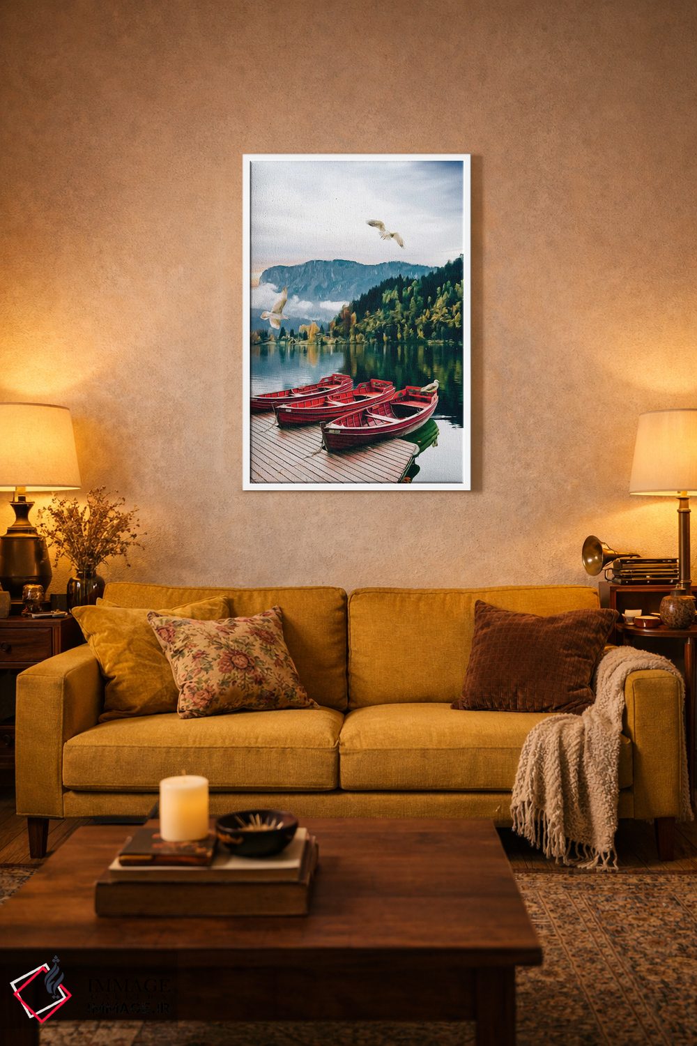 تابلو دکوراتیو قایق چوبی در اسکله با پس زمینه دریاچه بکر اثر ایوجنیا بیدیوک - D2W