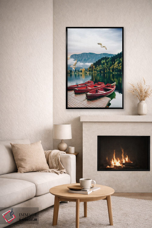 تابلو دکوراتیو قایق چوبی در اسکله با پس زمینه دریاچه بکر اثر ایوجنیا بیدیوک - D6B