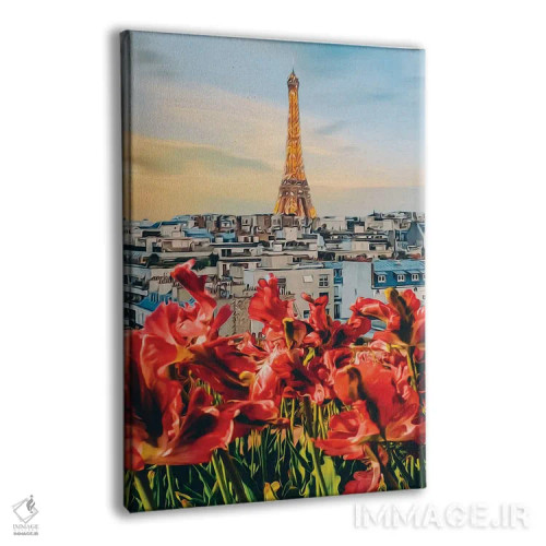تابلو دکوراتیو لاله های قرمز در پس زمینه برج ایفل اثر ایوجنیا بیدیوک - نمای پرسپکتیو محصول