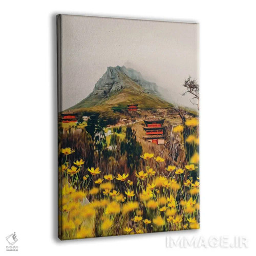 تابلو دکوراتیو آفتاب گیر گل های زرد با پس زمینه روستای کوچکی در آسیا اثر ایوجنیا بیدیوک - نمای پرسپکتیو محصول