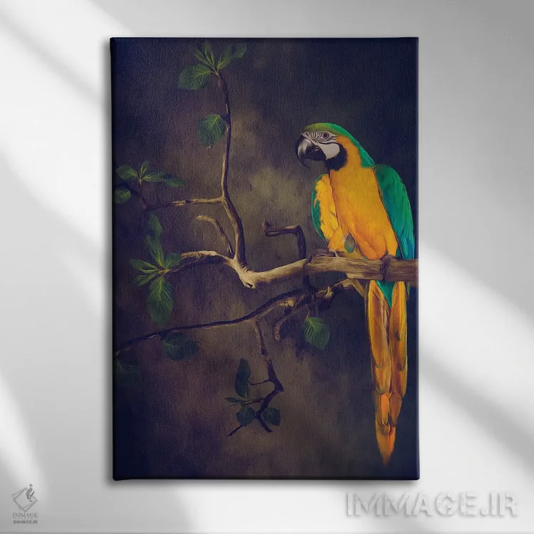 تابلو دکوراتیو مکائوی آبی و زرد اثر ایوجنیا بیدیوک - نمای روبهرو روی دیوار