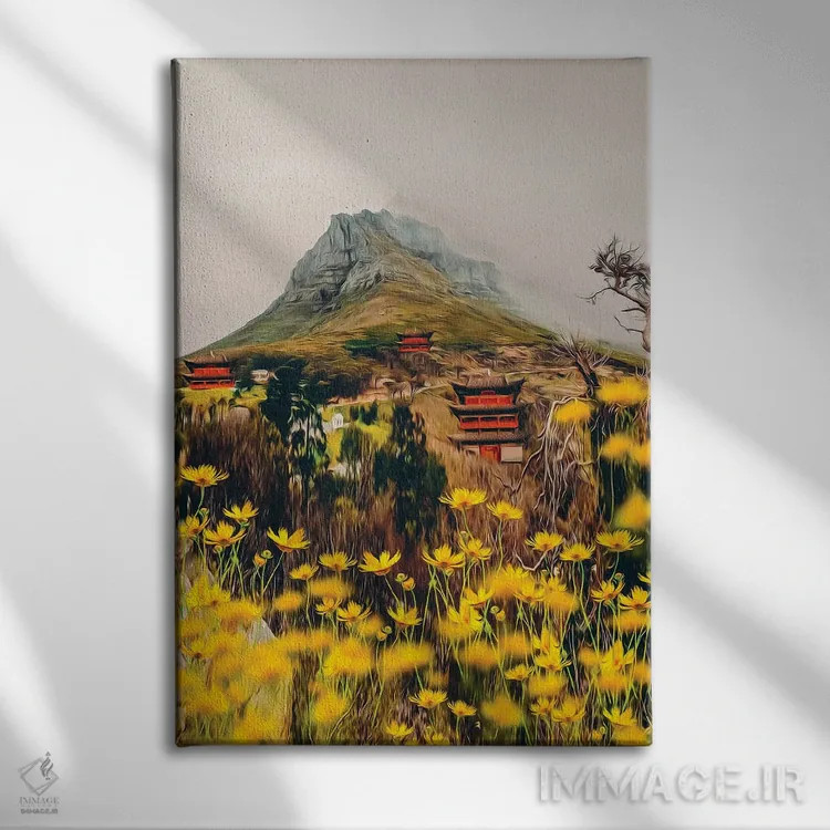 تابلو دکوراتیو آفتاب گیر گل های زرد با پس زمینه روستای کوچکی در آسیا اثر ایوجنیا بیدیوک - نمای روبهرو روی دیوار