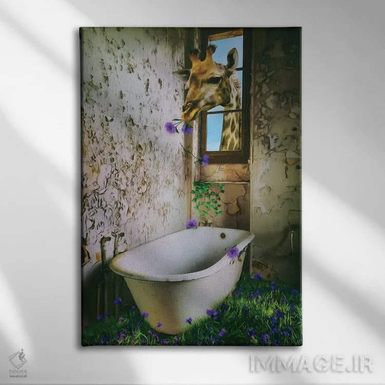 تابلو دکوراتیو زرافه ای که در خانه متروکه گل می خورد اثر ایوجنیا بیدیوک - نمای روبهرو روی دیوار