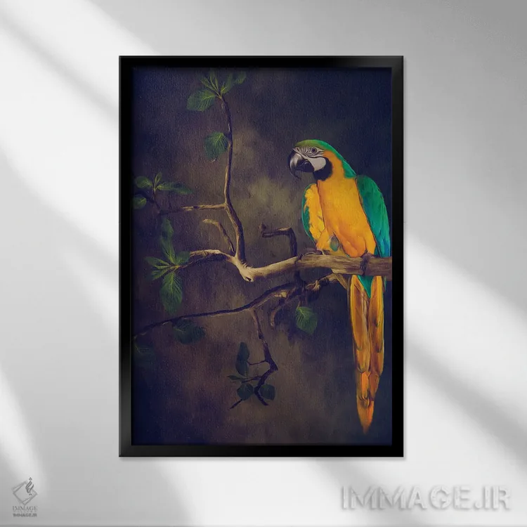 تابلو دکوراتیو مکائوی آبی و زرد اثر ایوجنیا بیدیوک - نمای قابدار مشکی