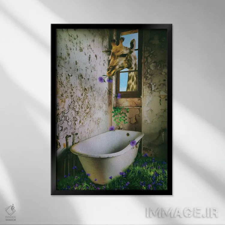 تابلو دکوراتیو زرافه ای که در خانه متروکه گل می خورد اثر ایوجنیا بیدیوک - نمای قابدار مشکی