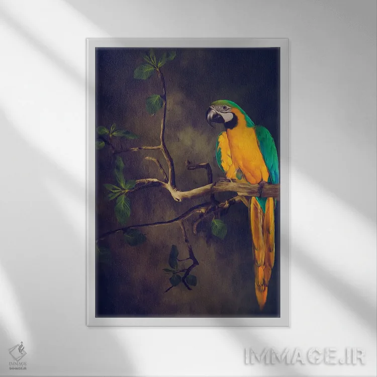 تابلو دکوراتیو مکائوی آبی و زرد اثر ایوجنیا بیدیوک - نمای قابدار سفید