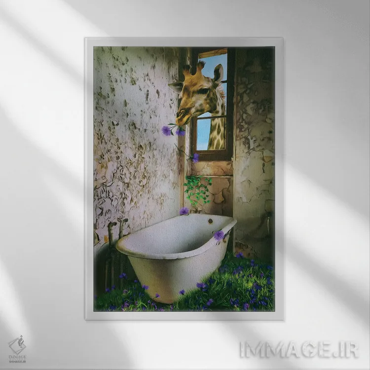 تابلو دکوراتیو زرافه ای که در خانه متروکه گل می خورد اثر ایوجنیا بیدیوک - نمای قابدار سفید