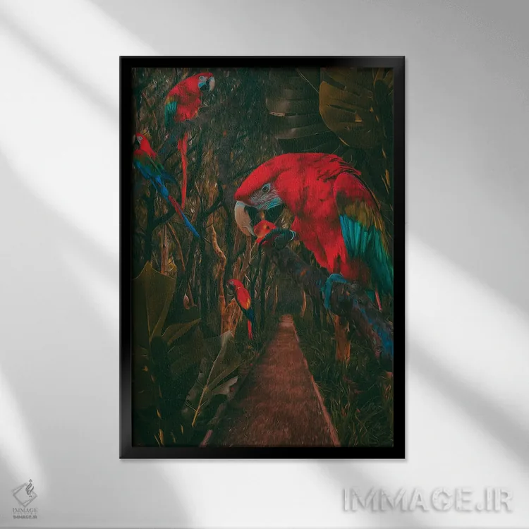 تابلو دکوراتیو مسیر جنگل بارانی با طوطی ها اثر ایوجنیا بیدیوک - نمای قابدار مشکی