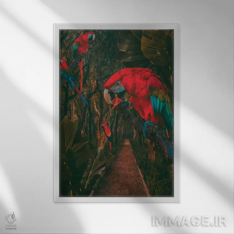 تابلو دکوراتیو مسیر جنگل بارانی با طوطی ها اثر ایوجنیا بیدیوک - نمای قابدار سفید