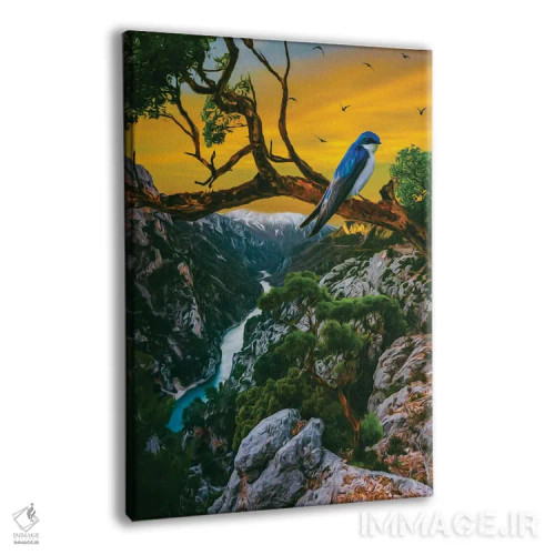 تابلو دکوراتیو یک پرستو روی شاخه در چشم انداز کوهستانی اثر ایوجنیا بیدیوک - نمای پرسپکتیو محصول