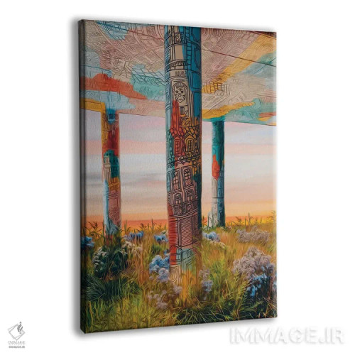تابلو دکوراتیو ساختمان گرافیتی شده با ستون هایی پوشیده از علف ها و گل ه… اثر ایوجنیا بیدیوک - نمای پرسپکتیو محصول
