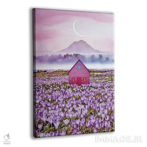 تابلو دکوراتیو خانه صورتی در میان گل های شکوفه زده کروکوس اثر ایوجنیا بیدیوک - نمای پرسپکتیو محصول