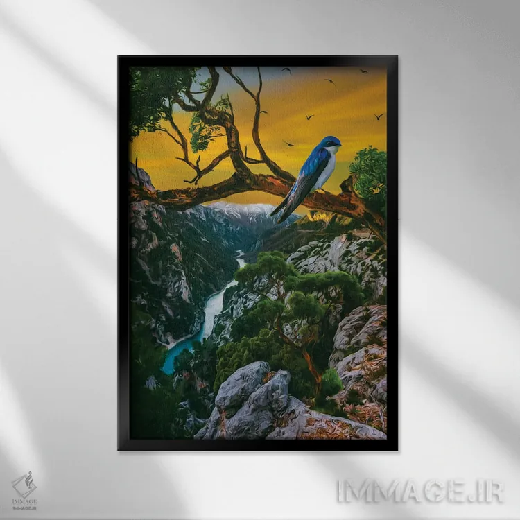 تابلو دکوراتیو یک پرستو روی شاخه در چشم انداز کوهستانی اثر ایوجنیا بیدیوک - نمای قابدار مشکی