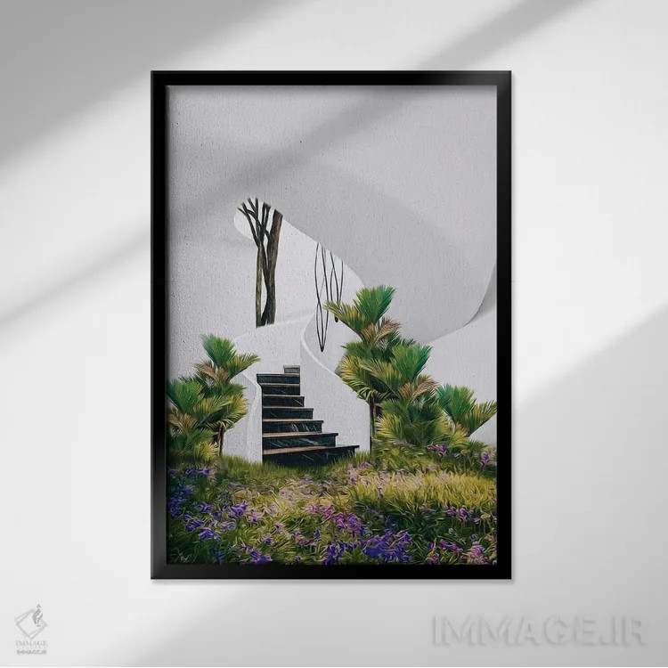 تابلو دکوراتیو چمنزار گل ها و گیاهان استوایی در خانه ای با پله اثر ایوجنیا بیدیوک - نمای قابدار مشکی