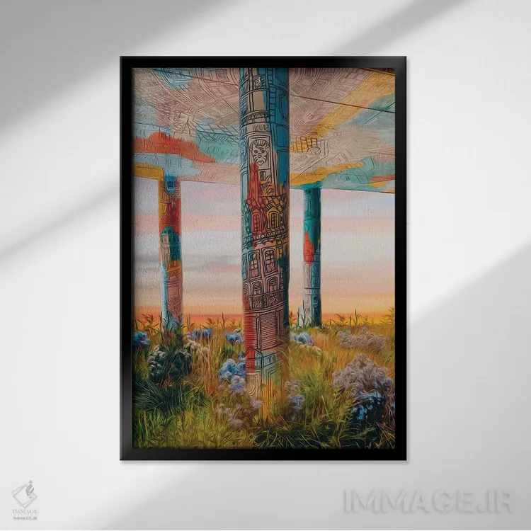 تابلو دکوراتیو ساختمان گرافیتی شده با ستون هایی پوشیده از علف ها و گل ه… اثر ایوجنیا بیدیوک - نمای قابدار مشکی