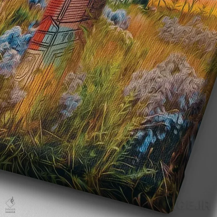 تابلو دکوراتیو ساختمان گرافیتی شده با ستون هایی پوشیده از علف ها و گل ه… اثر ایوجنیا بیدیوک - نمای نزدیک بافت بوم