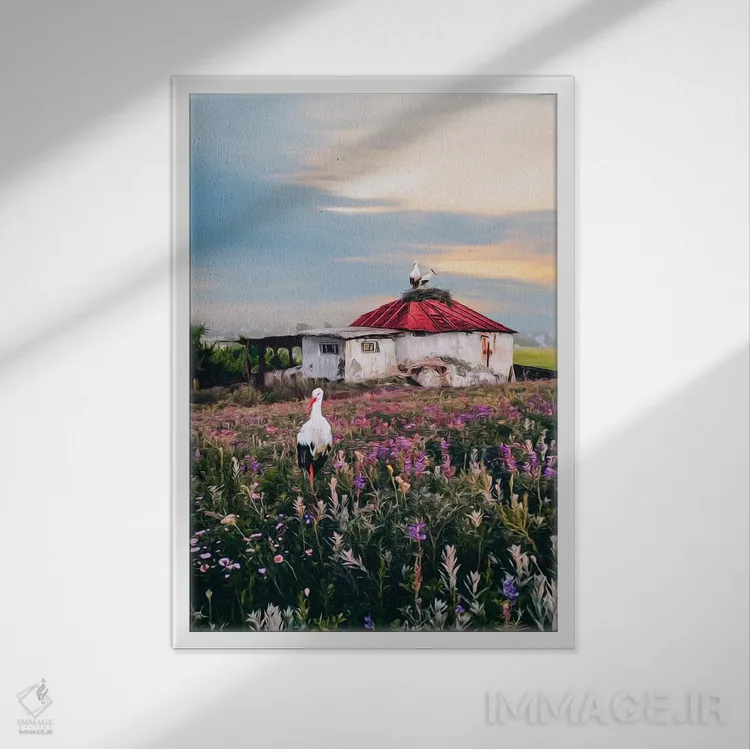 تابلو دکوراتیو منظره روستایی با لک لک ها و خانه ای قدیمی اثر ایوجنیا بیدیوک - نمای قابدار سفید