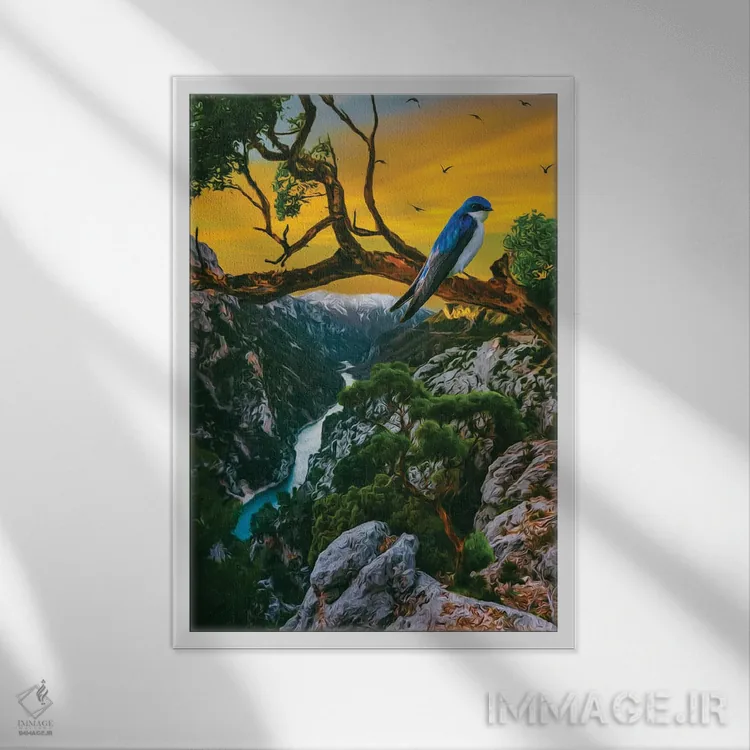 تابلو دکوراتیو یک پرستو روی شاخه در چشم انداز کوهستانی اثر ایوجنیا بیدیوک - نمای قابدار سفید