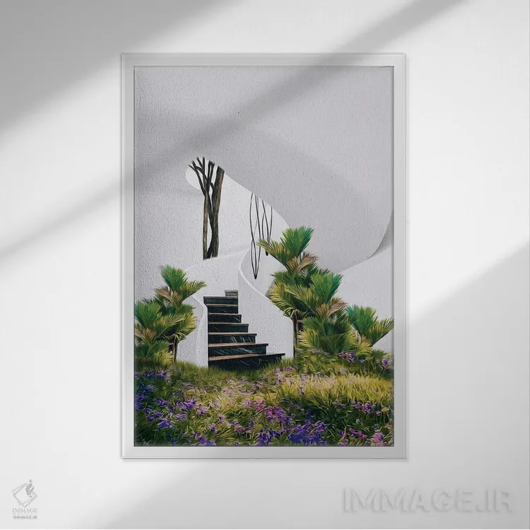 تابلو دکوراتیو چمنزار گل ها و گیاهان استوایی در خانه ای با پله اثر ایوجنیا بیدیوک - نمای قابدار سفید