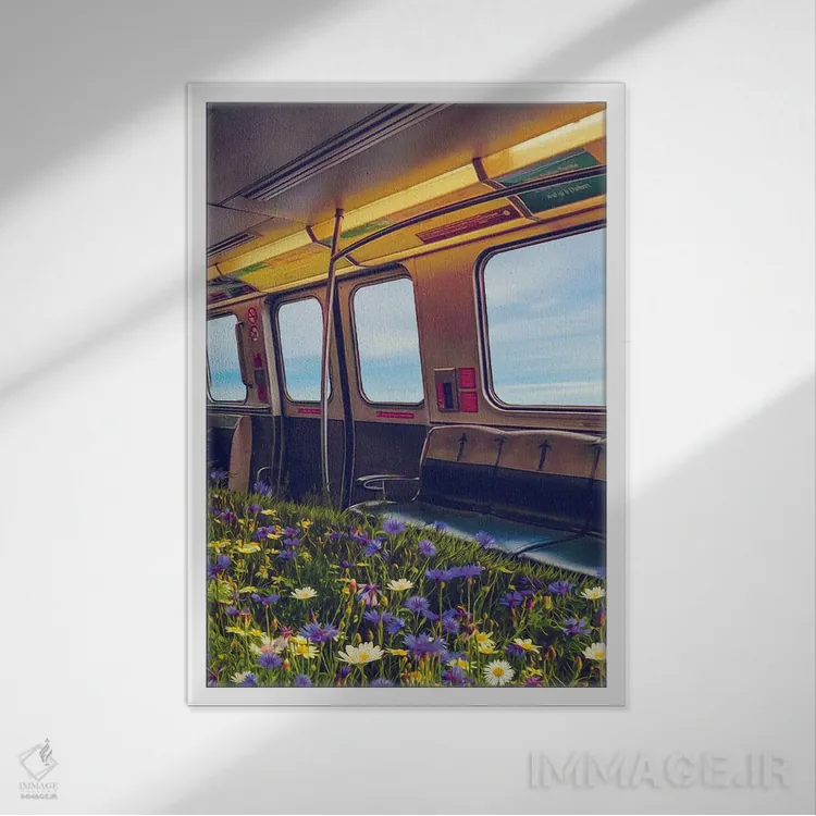 تابلو دکوراتیو رشد گل های وحشی در واگن مترو اثر ایوجنیا بیدیوک - نمای قابدار سفید