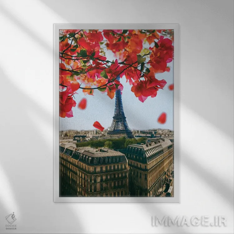 تابلو دکوراتیو شاخه ای از گلدار بوگنویلیا بر فراز پاریس اثر ایوجنیا بیدیوک - نمای قابدار سفید