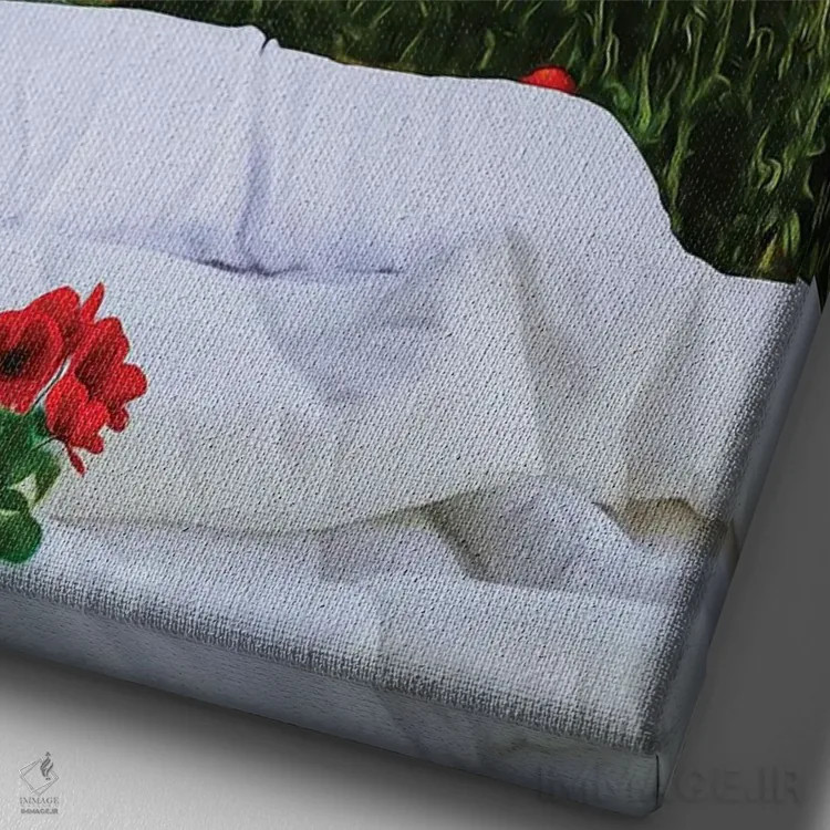 تابلو دکوراتیو تخت در وسط مزرعه شقایق اثر ایوجنیا بیدیوک - نمای نزدیک بافت بوم