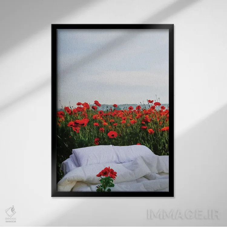 تابلو دکوراتیو تخت در وسط مزرعه شقایق اثر ایوجنیا بیدیوک - نمای قابدار مشکی