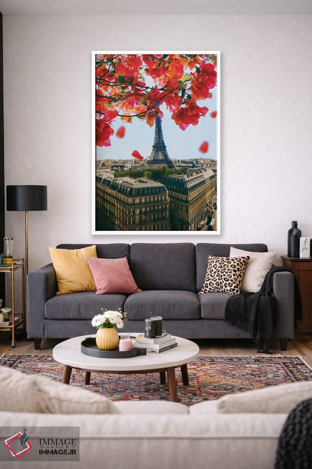 تابلو دکوراتیو شاخه ای از گلدار بوگنویلیا بر فراز پاریس اثر ایوجنیا بیدیوک - D1W