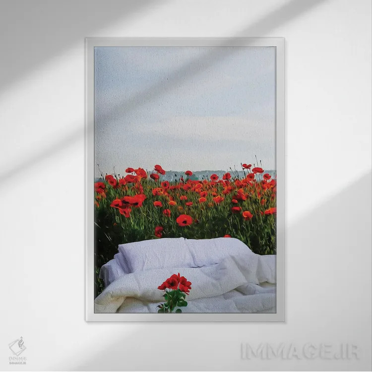 تابلو دکوراتیو تخت در وسط مزرعه شقایق اثر ایوجنیا بیدیوک - نمای قابدار سفید