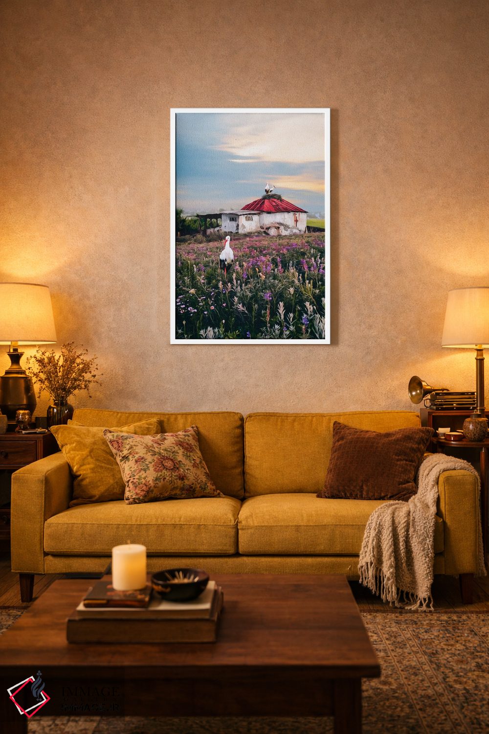 تابلو دکوراتیو منظره روستایی با لک لک ها و خانه ای قدیمی اثر ایوجنیا بیدیوک - D2W