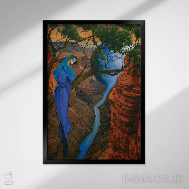 تابلو دکوراتیو آرای آبی و زرد بر روی درختی بالای دره اثر ایوجنیا بیدیوک - نمای قابدار مشکی