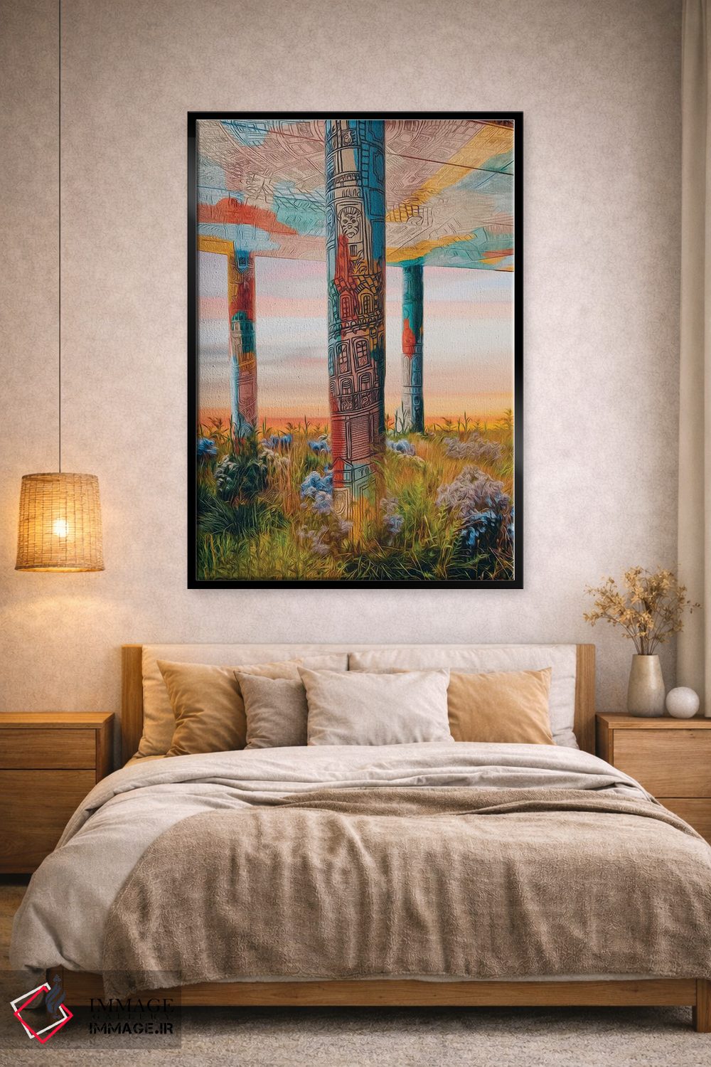 تابلو دکوراتیو ساختمان گرافیتی شده با ستون هایی پوشیده از علف ها و گل ه… اثر ایوجنیا بیدیوک - D2B