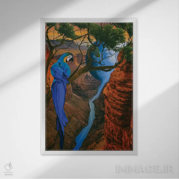 تابلو دکوراتیو آرای آبی و زرد بر روی درختی بالای دره اثر ایوجنیا بیدیوک - نمای قابدار سفید