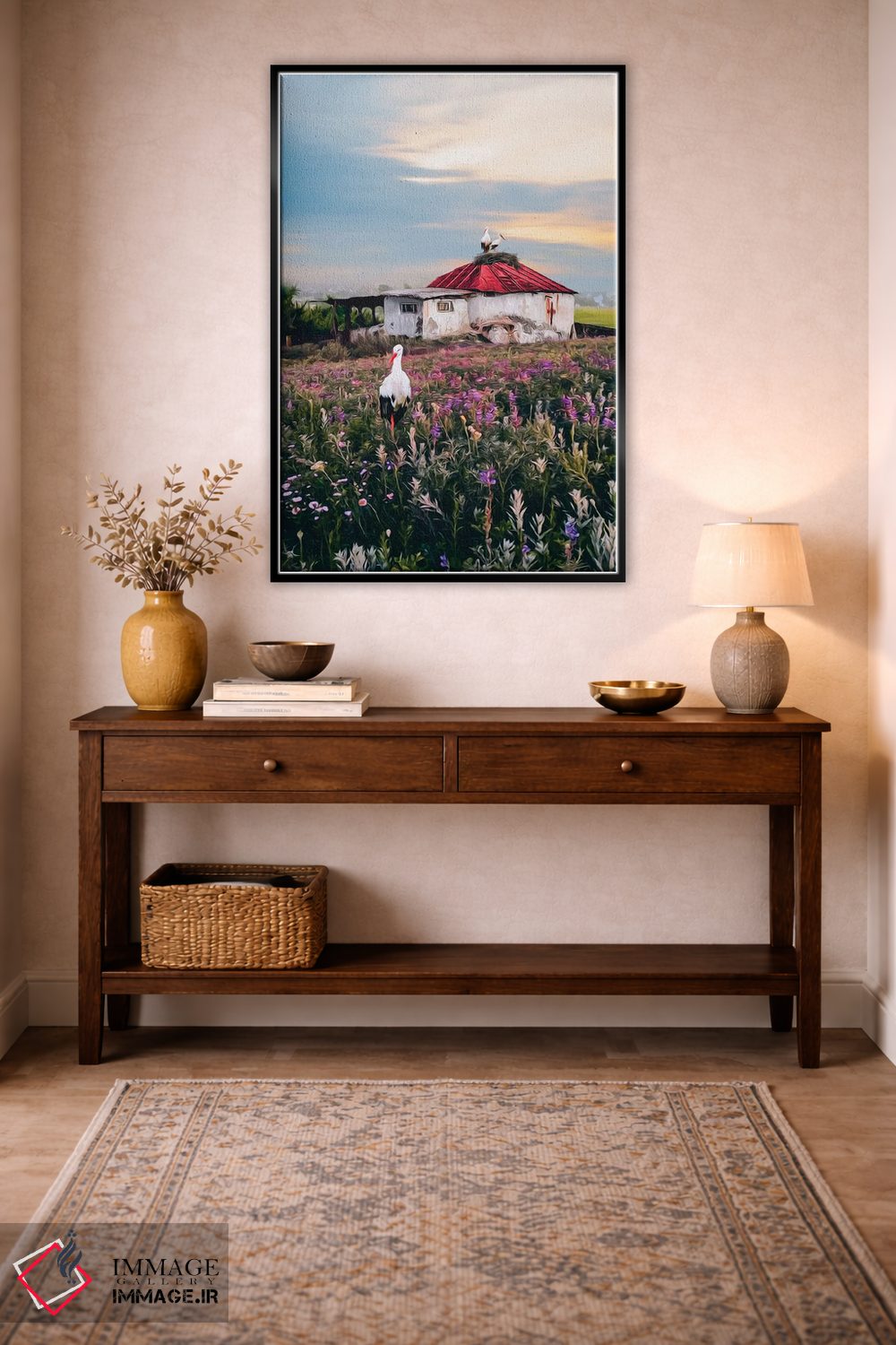 تابلو دکوراتیو منظره روستایی با لک لک ها و خانه ای قدیمی اثر ایوجنیا بیدیوک - D4B