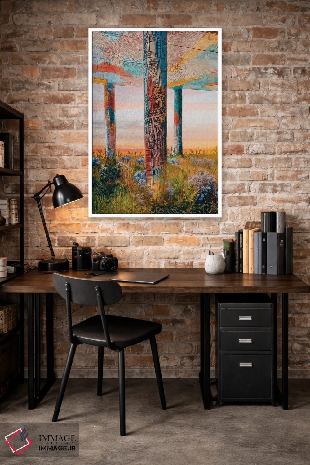 تابلو دکوراتیو ساختمان گرافیتی شده با ستون هایی پوشیده از علف ها و گل ه… اثر ایوجنیا بیدیوک - D3W