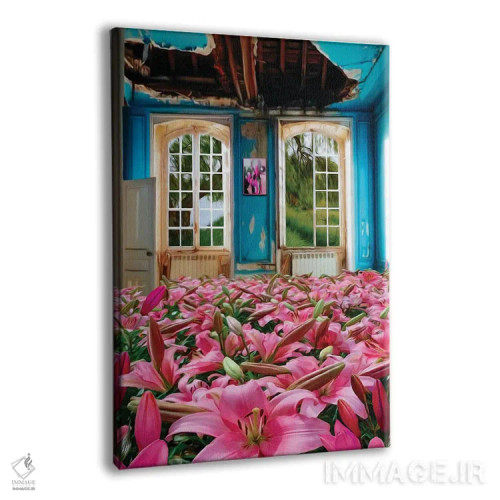 تابلو دکوراتیو سوسن های صورتی رشدکرده در خانه متروکه اثر ایوجنیا بیدیوک - نمای پرسپکتیو محصول