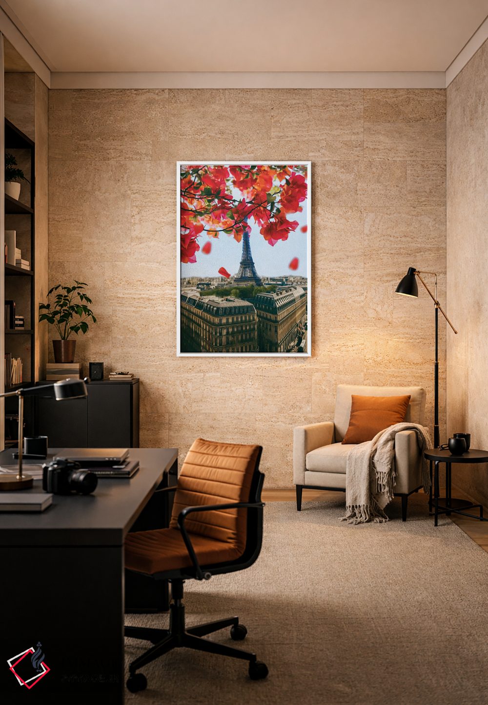 تابلو دکوراتیو شاخه ای از گلدار بوگنویلیا بر فراز پاریس اثر ایوجنیا بیدیوک - D6W