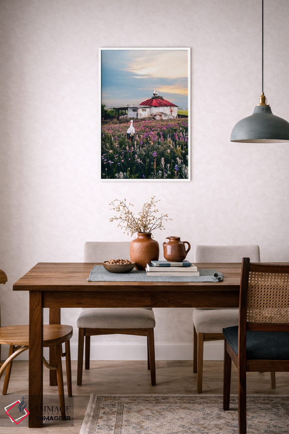 تابلو دکوراتیو منظره روستایی با لک لک ها و خانه ای قدیمی اثر ایوجنیا بیدیوک - D6W