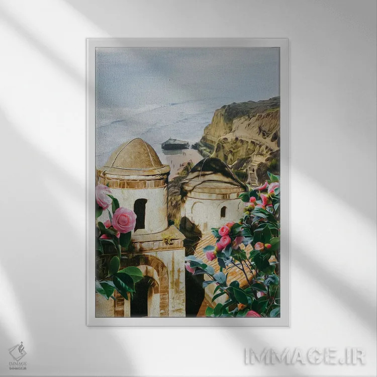 تابلو دکوراتیو رزهای شکفته برج قدیمی اثر ایوجنیا بیدیوک - نمای قابدار سفید