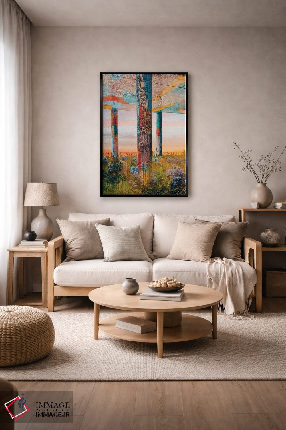 تابلو دکوراتیو ساختمان گرافیتی شده با ستون هایی پوشیده از علف ها و گل ه… اثر ایوجنیا بیدیوک - D6B