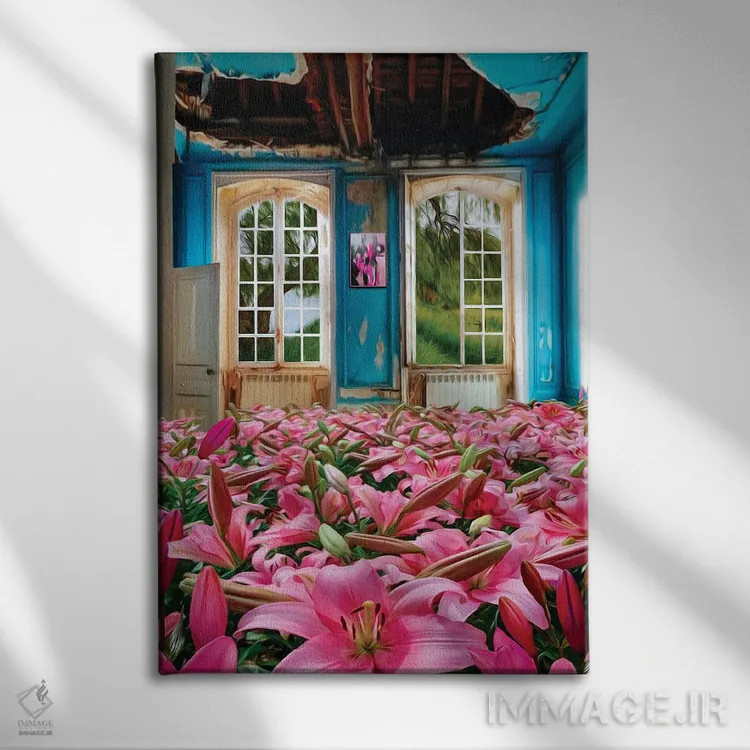 تابلو دکوراتیو سوسن های صورتی رشدکرده در خانه متروکه اثر ایوجنیا بیدیوک - نمای روبهرو روی دیوار