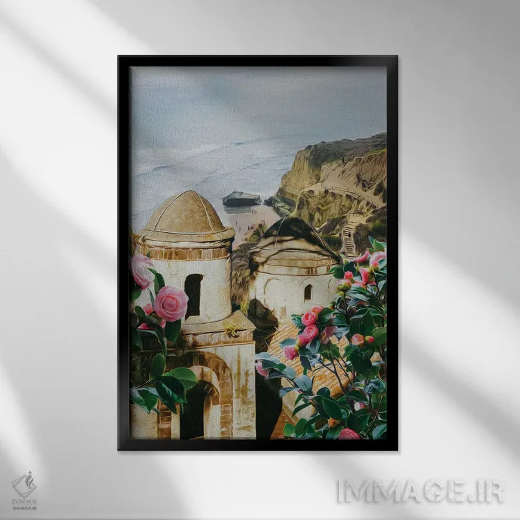 تابلو دکوراتیو رزهای شکفته برج قدیمی اثر ایوجنیا بیدیوک - نمای قابدار مشکی