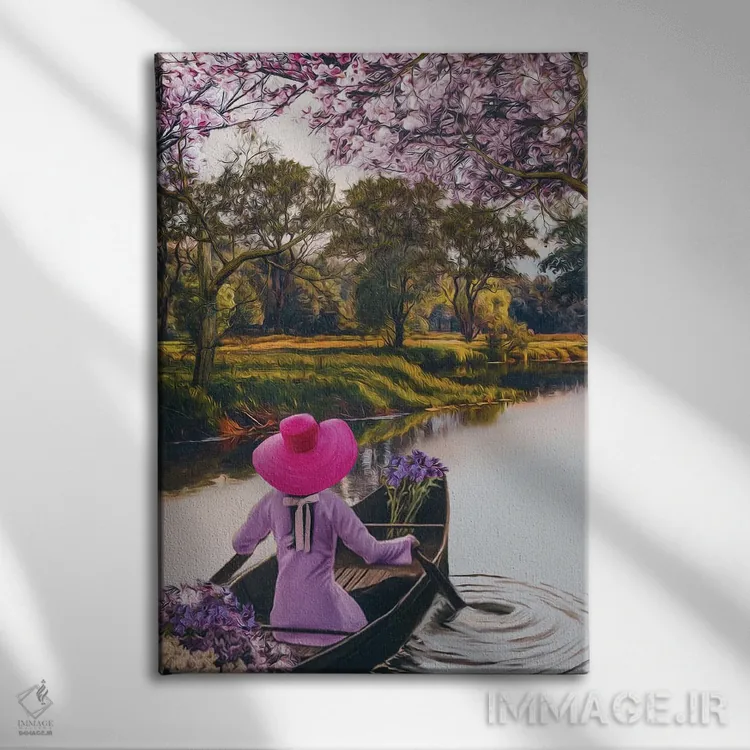 تابلو دکوراتیو دختری با کلاه صورتی و گل ها اثر ایوجنیا بیدیوک - نمای روبهرو روی دیوار