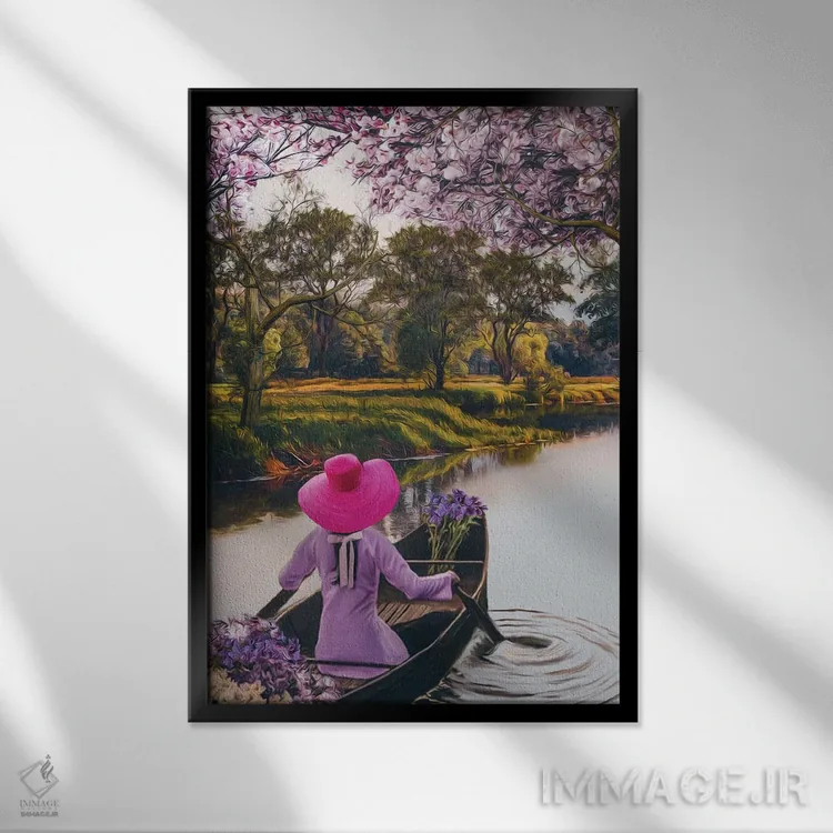 تابلو دکوراتیو دختری با کلاه صورتی و گل ها اثر ایوجنیا بیدیوک - نمای قابدار مشکی