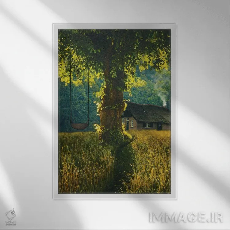 تابلو دکوراتیو منظره ای با خانه ای در چمنزار و درخت بزرگی با تاب اثر ایوجنیا بیدیوک - نمای قابدار سفید