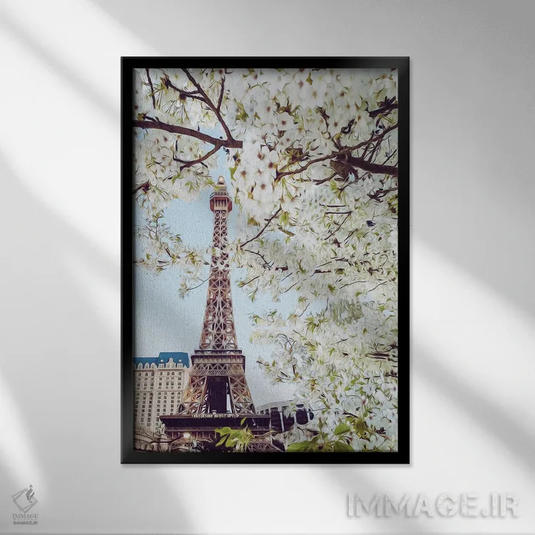 تابلو دکوراتیو شکوفه های گیلاس پاریس اثر ایوجنیا بیدیوک - نمای قابدار مشکی